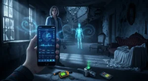 Pessoa usando celular com radar paranormal em uma casa assombrada, representando apps de caça-fantasma.