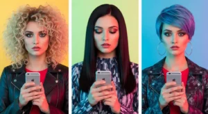Mulheres usando celular com diferentes estilos e cores de cabelo, representando os Apps para testar novos visuais.