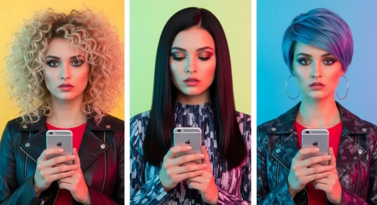 Mulheres usando celular com diferentes estilos e cores de cabelo, representando os Apps para testar novos visuais.