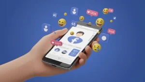Pessoa segurando um celular com interface do Facebook e emojis voando ao redor, representando interações sociais e visualizações. Destaque visual para o conceito de quem visitou seu perfil na rede social.