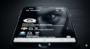 Close-up de um smartphone exibindo uma rede social com a imagem de um olho em destaque, transmitindo a ideia de vigilância e mistério, perfeito para sugerir quem está de olho em você.