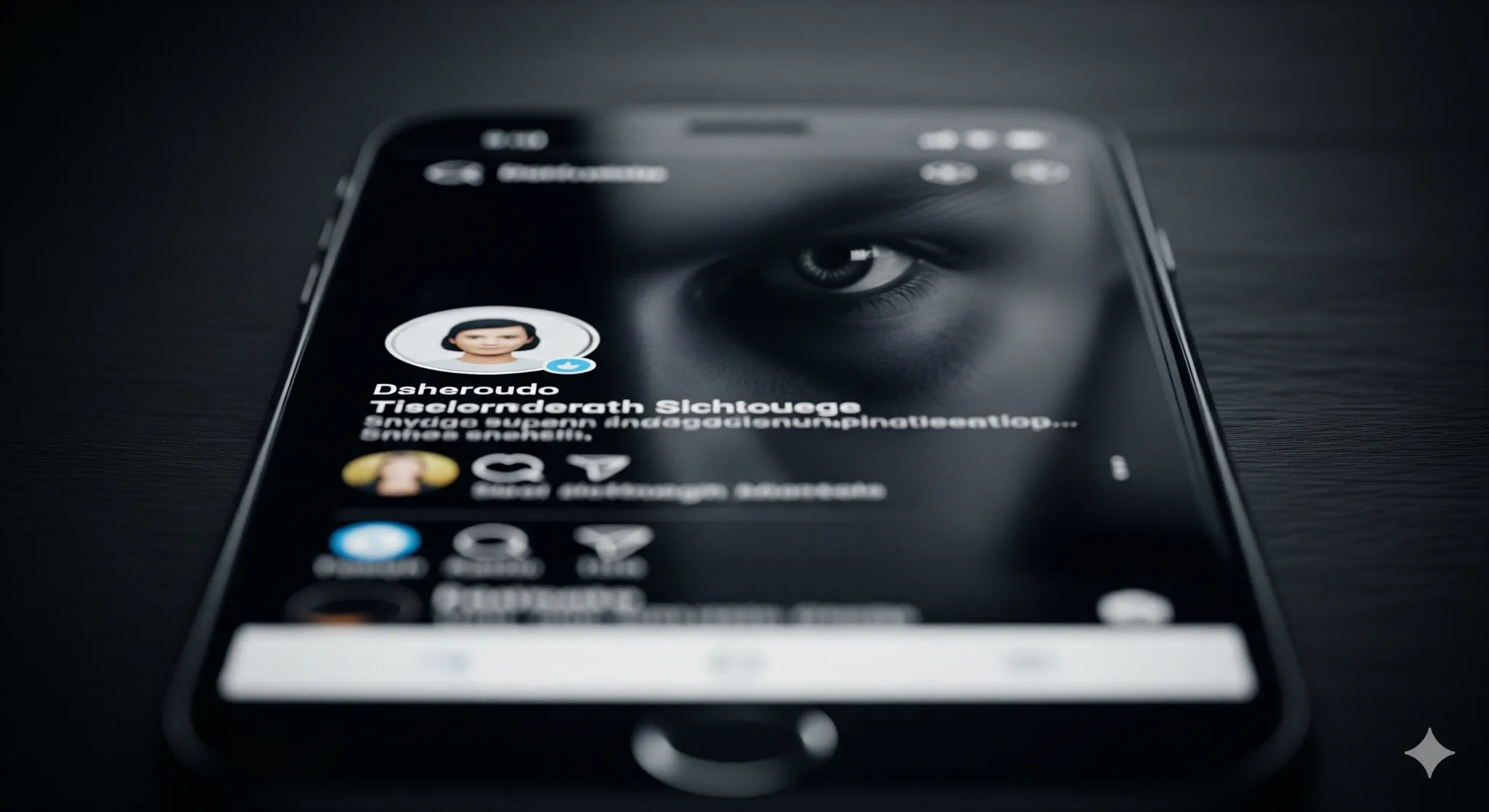 Close-up de um smartphone exibindo uma rede social com a imagem de um olho em destaque, transmitindo a ideia de vigilância e mistério, perfeito para sugerir quem está de olho em você.