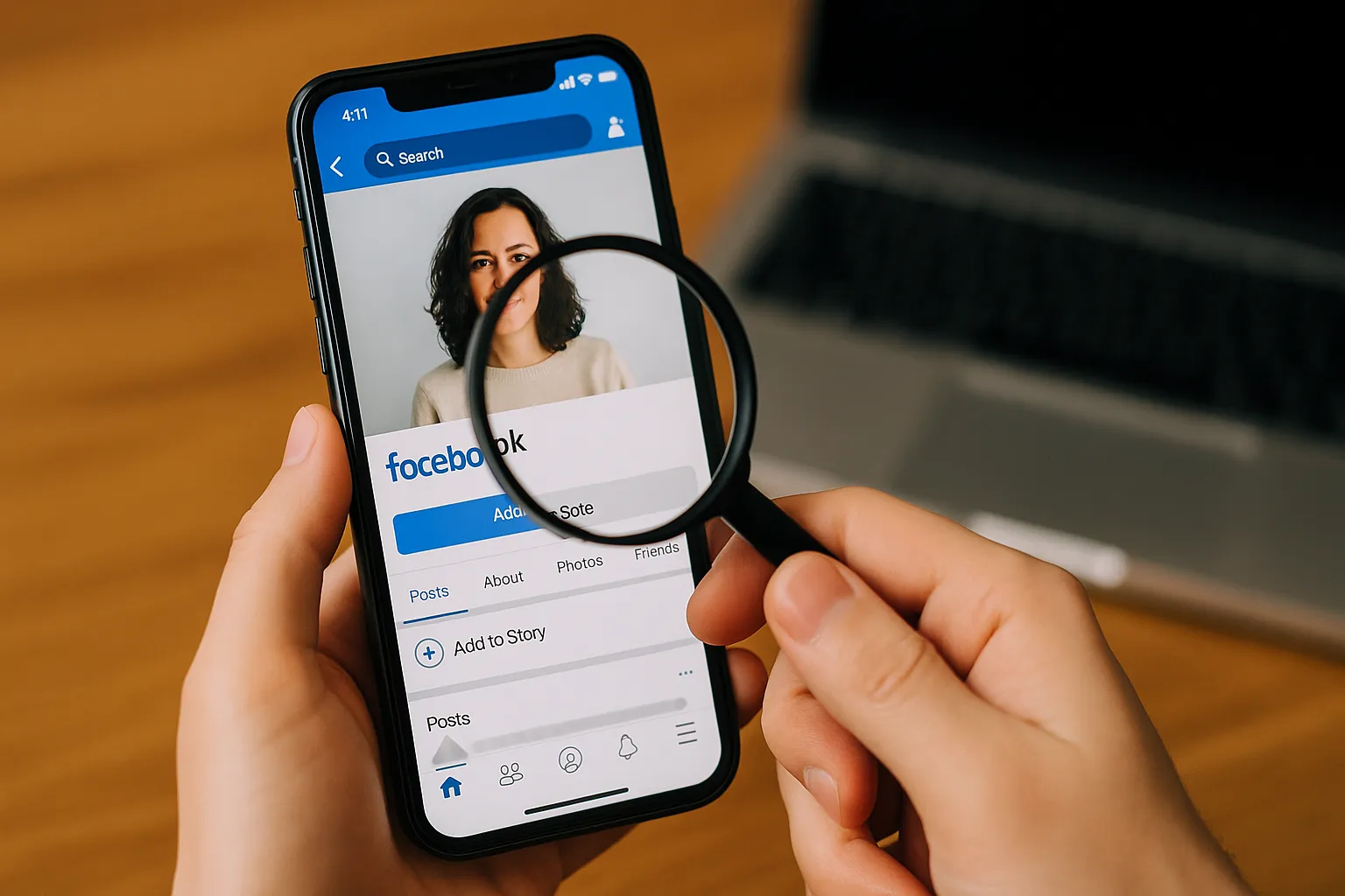 Pessoa segurando um smartphone aberto no Facebook, com uma lupa destacando a foto de perfil, representando a ideia de descobrir quem olha seu Facebook.