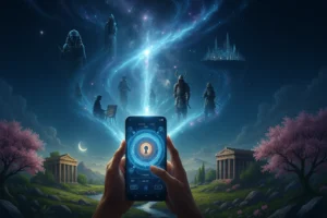 Ilustração digital de uma pessoa segurando um celular que mostra uma interface futurista com uma fechadura brilhante. Acima, figuras históricas e culturais — como faraós, samurais e pintores antigos — aparecem no céu estrelado, sugerindo uma conexão com vidas passadas. O cenário tem templos antigos, árvores floridas e uma atmosfera mística.