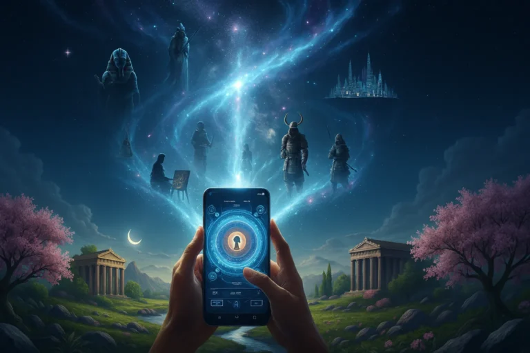 Ilustração digital de uma pessoa segurando um celular que mostra uma interface futurista com uma fechadura brilhante. Acima, figuras históricas e culturais — como faraós, samurais e pintores antigos — aparecem no céu estrelado, sugerindo uma conexão com vidas passadas. O cenário tem templos antigos, árvores floridas e uma atmosfera mística.