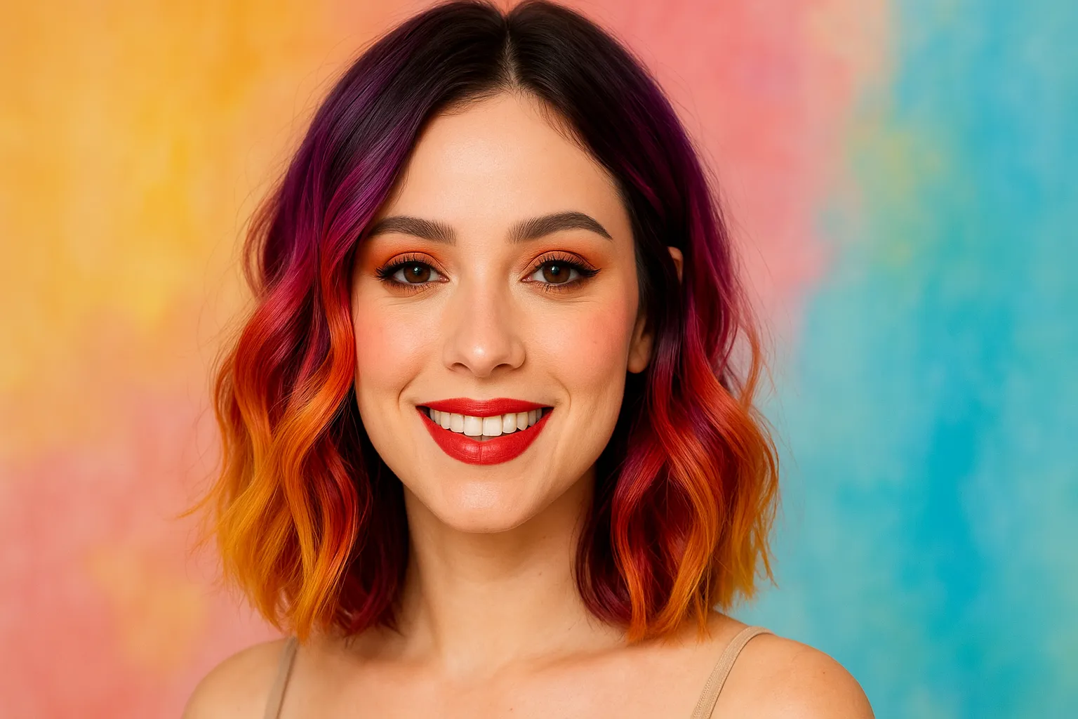 Mulher sorridente com cabelo colorido em degradê vibrante e maquiagem marcante, representando testando novos visuais de forma criativa.