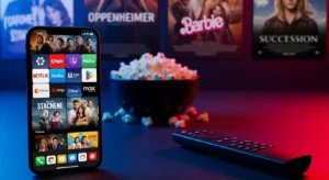 Veja filmes grátis no celular: imagem mostra um smartphone exibindo diversos aplicativos de streaming, com pôsteres de filmes ao fundo, uma tigela de pipoca e um controle remoto em destaque.
