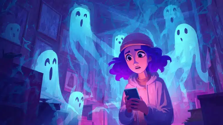 Ilustração colorida de uma jovem com cabelo roxo segurando um celular, cercada por fantasmas luminosos em um ambiente misterioso, representando um app de caça-fantasmas.