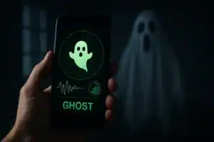 Celular exibindo app para detectar fantasmas com radar verde e fantasma ao fundo em quarto escuro