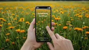 Mãos segurando um smartphone em meio a um campo florido com centenas de margaridas amarelas. Na tela do celular, aparece a interface de um aplicativo de identificação de plantas, com a mensagem "Successfully identified" sobre a imagem da mesma flor capturada pela câmera. O fundo é vibrante, com grama verde e céu claro, transmitindo um clima alegre e ensolarado.