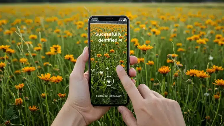 Mãos segurando um smartphone em meio a um campo florido com centenas de margaridas amarelas. Na tela do celular, aparece a interface de um aplicativo de identificação de plantas, com a mensagem "Successfully identified" sobre a imagem da mesma flor capturada pela câmera. O fundo é vibrante, com grama verde e céu claro, transmitindo um clima alegre e ensolarado.