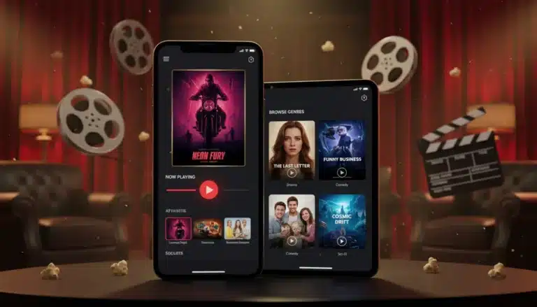 Dois smartphones exibindo aplicativos de streaming de filmes, com pôsteres de filmes, ícones de reprodução e categorias na tela, sobre uma mesa em um ambiente de cinema com rolos de filme, claquete e pipoca flutuando ao redor, representando apps para ver filmes grátis.