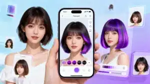 Mulher observando seu reflexo no celular enquanto testa cores e cortes de cabelo em um aplicativo de simulação; na tela aparecem variações de tons roxos e estilos diferentes, com fundo em tons suaves de azul e lilás, representando tecnologia e transformação visual.