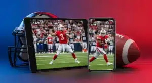 Jogadores de futebol americano em ação aparecendo em transmissões ao vivo em um tablet e um celular, simbolizando assistir NFL de graça pelo aplicativo.