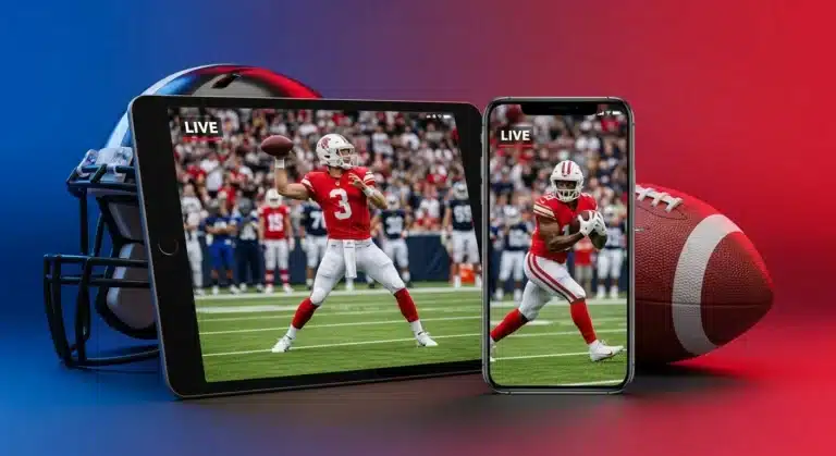 Jogadores de futebol americano em ação aparecendo em transmissões ao vivo em um tablet e um celular, simbolizando assistir NFL de graça pelo aplicativo.