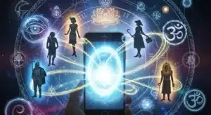 Ilustração mística de um celular no centro cercado por figuras de vidas passadas — como um cavaleiro medieval, uma mulher egípcia e outras figuras históricas — com símbolos espirituais e astrológicos ao fundo, representando um aplicativo para descobrir vidas passadas.