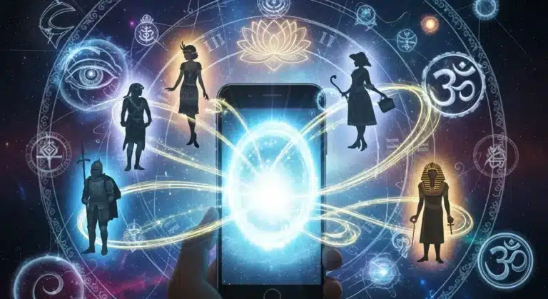Ilustração mística de um celular no centro cercado por figuras de vidas passadas — como um cavaleiro medieval, uma mulher egípcia e outras figuras históricas — com símbolos espirituais e astrológicos ao fundo, representando um aplicativo para descobrir vidas passadas.