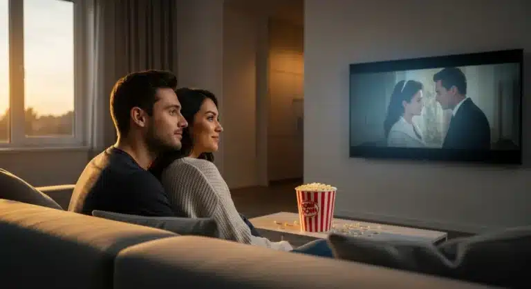 Casal sentado no sofá assistindo a um filme romântico na TV, com um balde de pipoca sobre a mesa em uma sala aconchegante ao entardecer.
