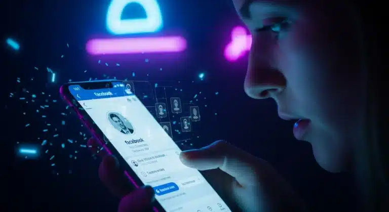 Mulher observando atentamente a tela do celular com o aplicativo do Facebook aberto, em ambiente escuro com luzes neon azuis e roxas, representando o conceito de descobrir quem visita ou espiona o perfil.