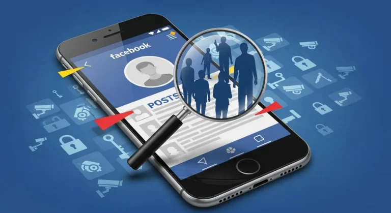 Smartphone com a interface do Facebook na tela e uma lupa destacando silhuetas de pessoas, simbolizando aplicativos que mostram quem visitou seu perfil no Facebook.
