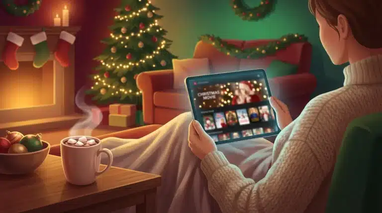 Ilustração aconchegante de uma pessoa assistindo filmes de Natal em um tablet, sentada em uma sala decorada com árvore iluminada, lareira acesa e caneca de chocolate quente com marshmallows. A tela do tablet mostra miniaturas de filmes natalinos, criando um clima quente e festivo.