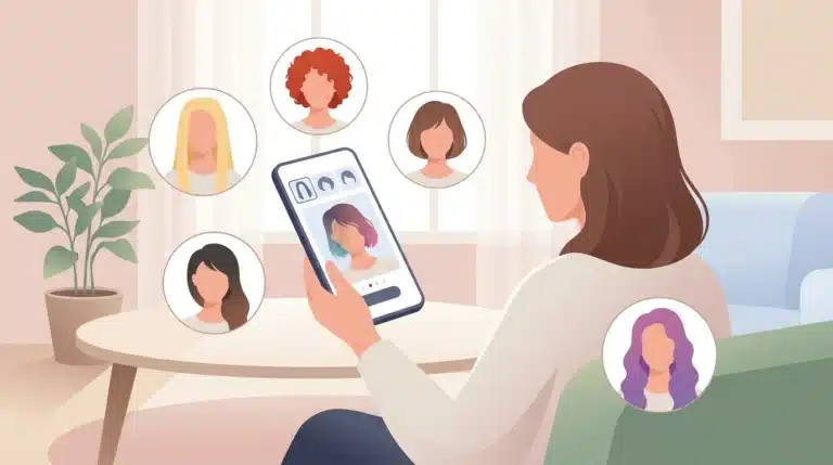Ilustração de uma mulher usando um smartphone para testar diferentes estilos de cabelo. A tela mostra simulações de cortes e cores, enquanto vários modelos de cabelo aparecem ao redor dela em círculos. O ambiente é iluminado e moderno, transmitindo a ideia de experimentar novos visuais pelo celular.