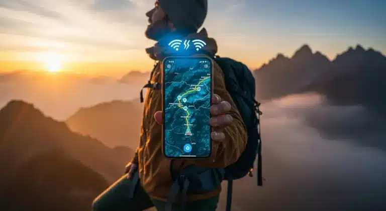 Homem com mochila segurando um smartphone que mostra um mapa de trilha nas montanhas durante o nascer do sol, simbolizando navegação e GPS ao ar livre.