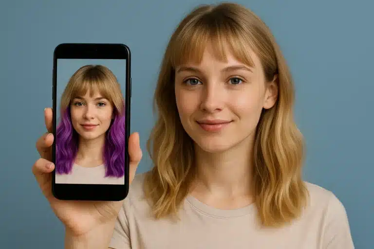 Mulher olhando para o espelho enquanto segura o celular, visualizando diferentes estilos de cabelo simulados no aparelho, com tela refletindo mudanças de cor e corte.