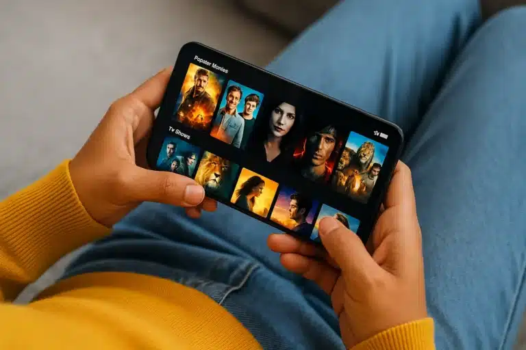 Pessoa segurando um smartphone exibindo uma grade de filmes e séries, vista em close, com clima de maratona e foco no uso de apps para ver filmes sem anúncios.