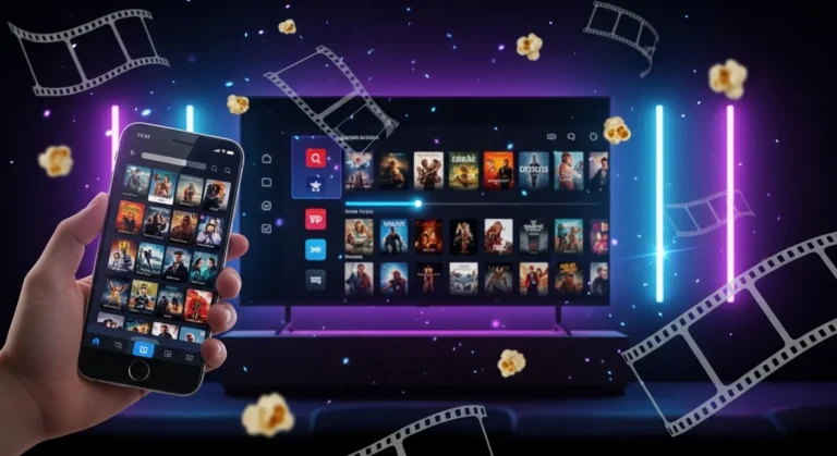 Mão segurando um smartphone exibindo uma grade de filmes enquanto uma TV ao fundo mostra uma plataforma de streaming, com efeitos de neon, pipocas flutuando e tiras de filme no ar, representando apps gratuitos para assistir filmes online.