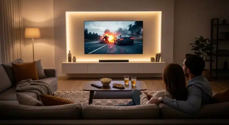 Casal sentado em um sofá confortável assistindo a um filme de ação em uma TV moderna com luz ambiente suave. Há pipoca e bebidas sobre a mesa, criando um clima de cinema em casa. A cena representa a experiência proporcionada pelos melhores apps para ver filmes com qualidade e conforto.