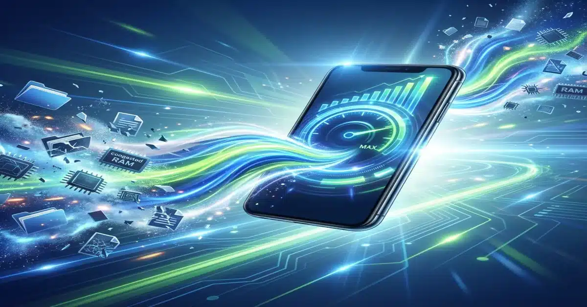 Smartphone exibindo velocímetro digital em velocidade máxima, com efeitos de energia e ícones de memória sendo eliminados, representando limpeza e aceleração do celular.