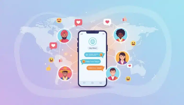 Ilustração de um smartphone exibindo uma conversa de bate-papo, conectado a ícones de pessoas ao redor do mundo com emojis de risadas, corações e curtidas, representando a comunicação global por aplicativos de bate-papo grátis.