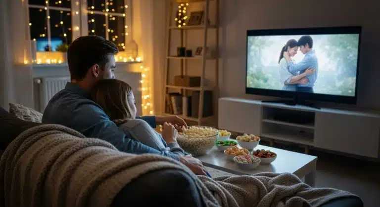 Casal assistindo filme romântico na sala, abraçado no sofá com cobertor, com tigelas de pipoca e doces sobre a mesa, em um ambiente aconchegante iluminado por luzes decorativas.