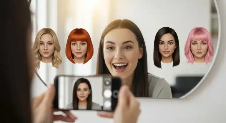 Mulher sorridente usando o celular em frente a um espelho enquanto testa diferentes estilos e cores de cabelo — loiro, ruivo, castanho e rosa — com um aplicativo. A cena ilustra o uso dos melhores apps para ver cabelos novos e experimentar transformações de visual de forma divertida e moderna.