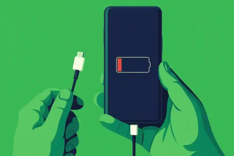 Ilustração estilizada de um smartphone com bateria vermelha quase esgotada, acompanhado de um cabo de carregador prestes a ser conectado. A cena aparece sobre um fundo verde vibrante, com estética moderna e clean.