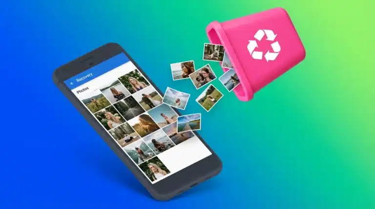 Imagem de um smartphone exibindo uma galeria de fotos recuperadas, enquanto várias miniaturas de fotos saem de uma lixeira rosa com símbolo de reciclagem. O fundo tem um degradê vibrante em azul e verde, transmitindo a ideia de recuperação e retorno de arquivos apagados.