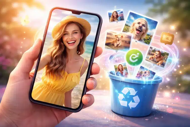Pessoa segurando celular com fotos recuperadas surgindo da lixeira digital, representando aplicativo para recuperar fotos apagadas no smartphone.