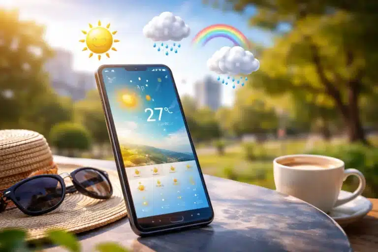 Pessoa segurando celular com app de clima aberto mostrando previsão do tempo com sol, nuvens e chuva ao fundo em formato 16:9.