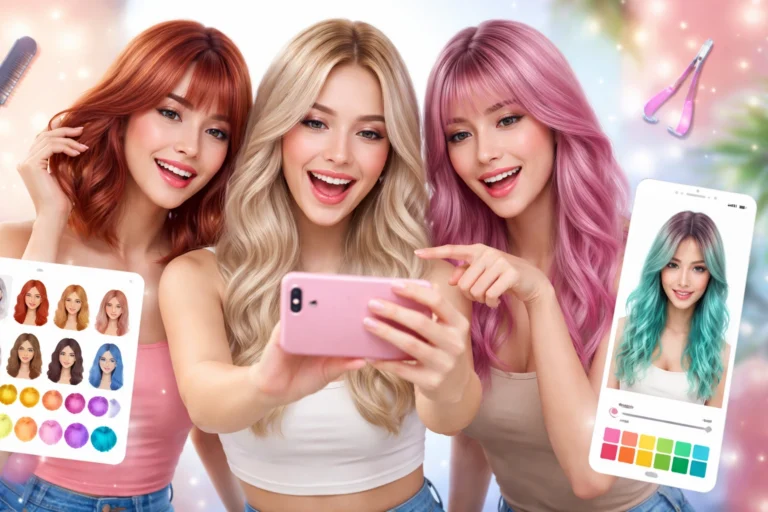 Mulheres sorrindo enquanto usam um celular para testar diferentes cores e cortes de cabelo em um aplicativo, com simulações virtuais exibindo tons vibrantes e estilos variados em fundo iluminado e moderno.