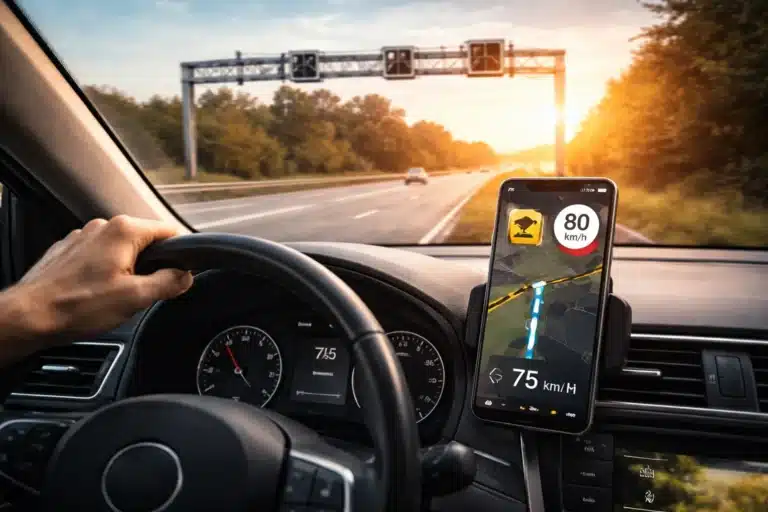 Ilustração de carro em estrada com radar de velocidade e ícones de alerta no mapa, representando aplicativo de radar no celular para motoristas.