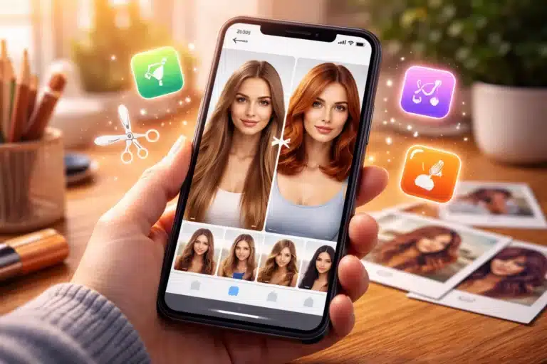 Pessoa segurando celular com aplicativo que simula cortes e cores de cabelo, mostrando comparação de visual para testar mudança de cabelo pelo celular.