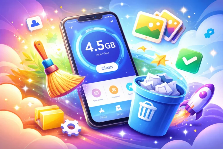 Ilustração vibrante de smartphone com aplicativo de limpeza de memória aberto, cercado por ícones coloridos de arquivos, lixeira, vassoura e foguete, representando apps de limpar memória de celular. 🚀📱