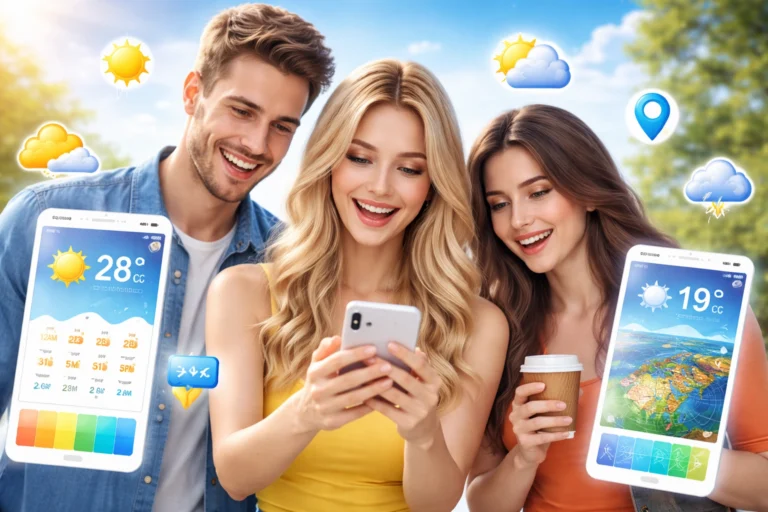 Três pessoas ao ar livre usando smartphones para consultar Apps para acompanhar o clima, com previsão do tempo exibindo sol, nuvens e temperaturas em um cenário claro e moderno. 🌤️📱