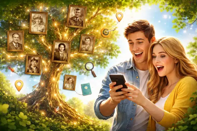 Pessoa explorando árvore genealógica no celular, com nomes de antepassados conectados em um diagrama familiar e elementos históricos ao fundo
