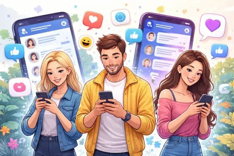 Ilustração de pessoas usando aplicativo de bate papo no celular, trocando mensagens e interações sociais em uma interface de chat moderna.