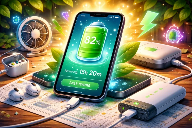 Smartphone exibindo aplicativo de otimização com bateria em destaque e ícones de energia ao redor, representando como otimizar bateria do celular e aumentar a duração da carga. 🔋📱