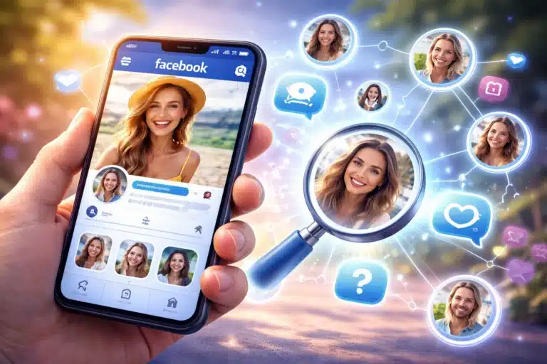 Pessoa segurando celular com perfil do Facebook em destaque e conexões ao redor, representando quem visitou seu perfil no Facebook e interações ocultas.