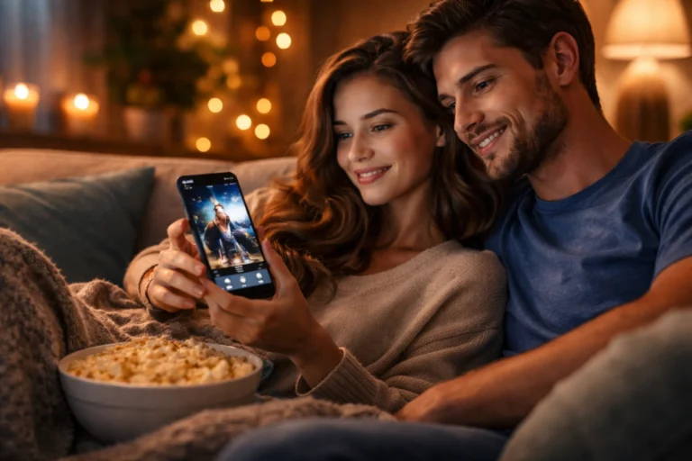 Casal relaxando no sofá em ambiente aconchegante, assistindo filme no smartphone com pipoca ao lado, representando app para assistir filmes online grátis no celular.