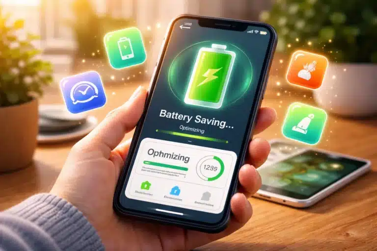 Pessoa segurando celular com aplicativo de otimização de bateria ativo, mostrando aumento da duração da bateria do celular.